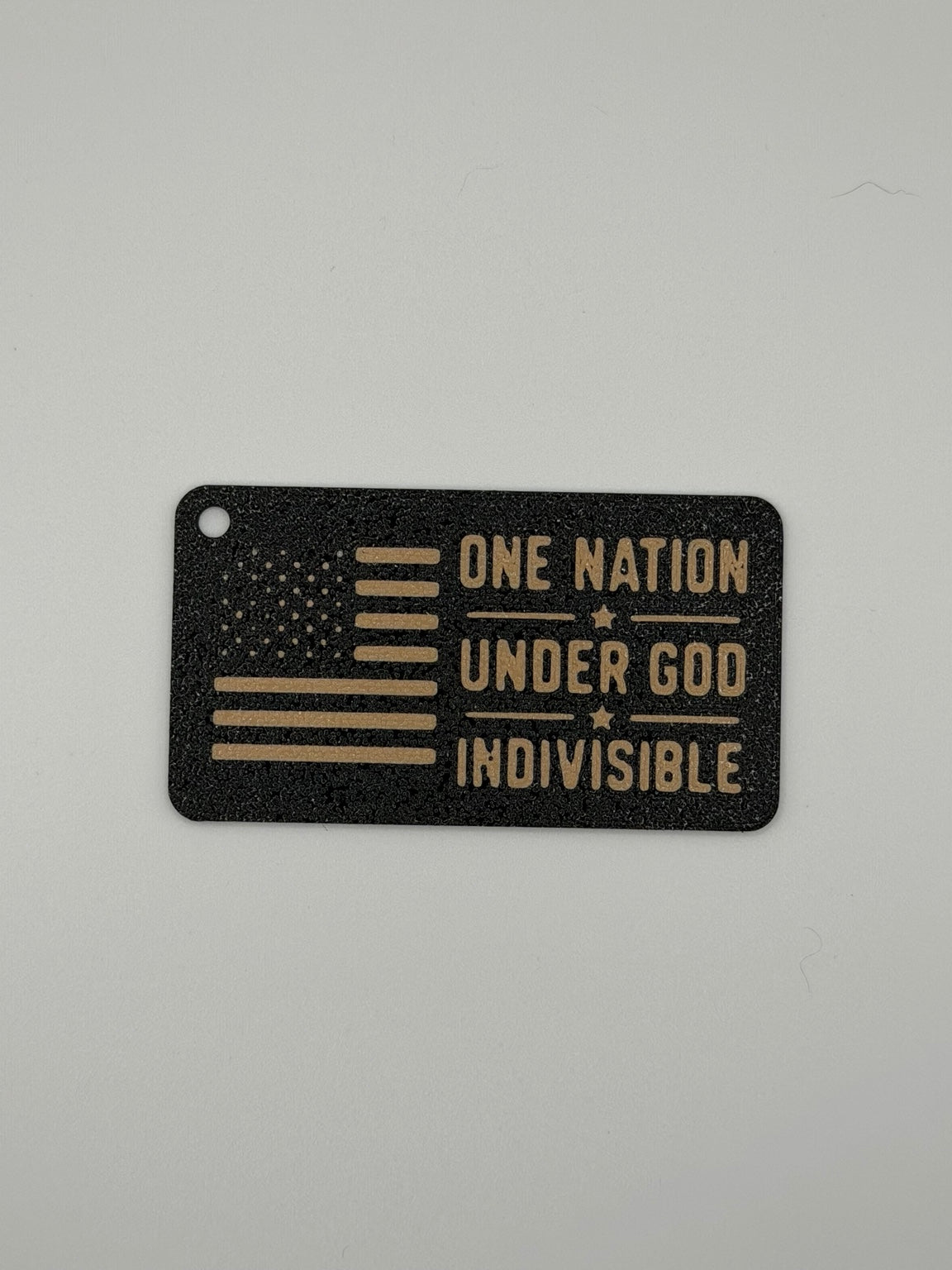 3D printed One Nation Under God Indivisible patriotic keychain in black and tan