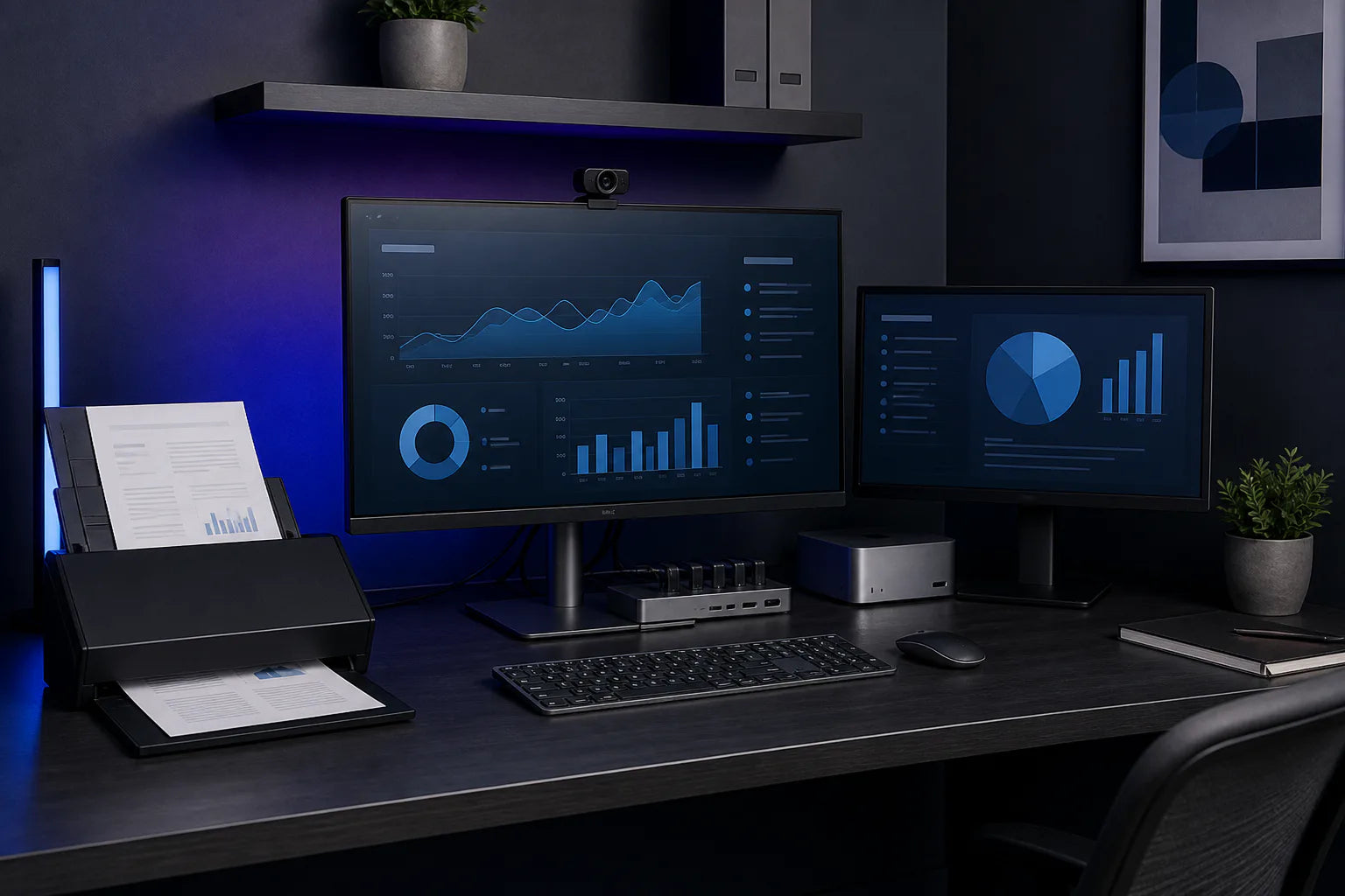 Organized small-business technology workspace with multiple displays