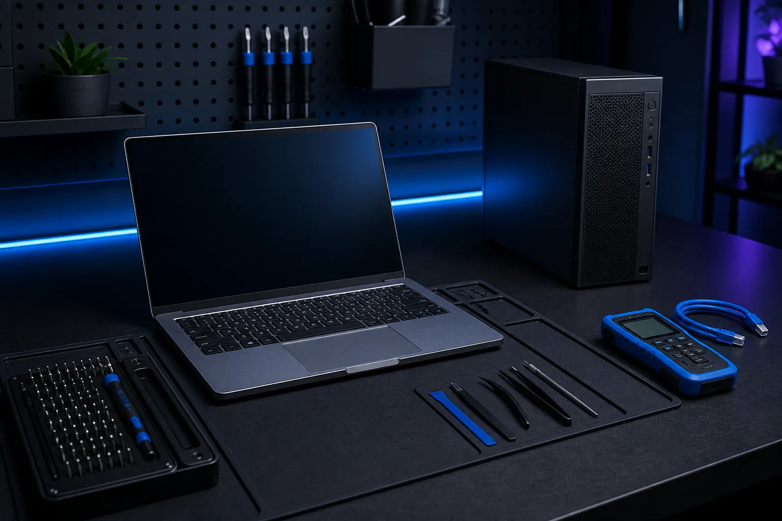 Clean computer support workbench with unbranded laptop and precision tools