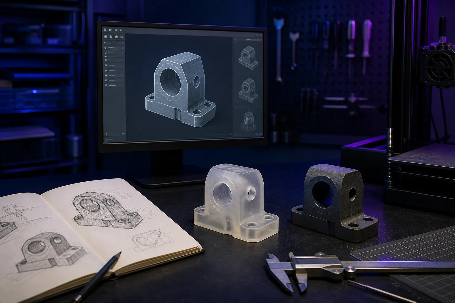 Custom component progressing from sketch to CAD model and finished prototype