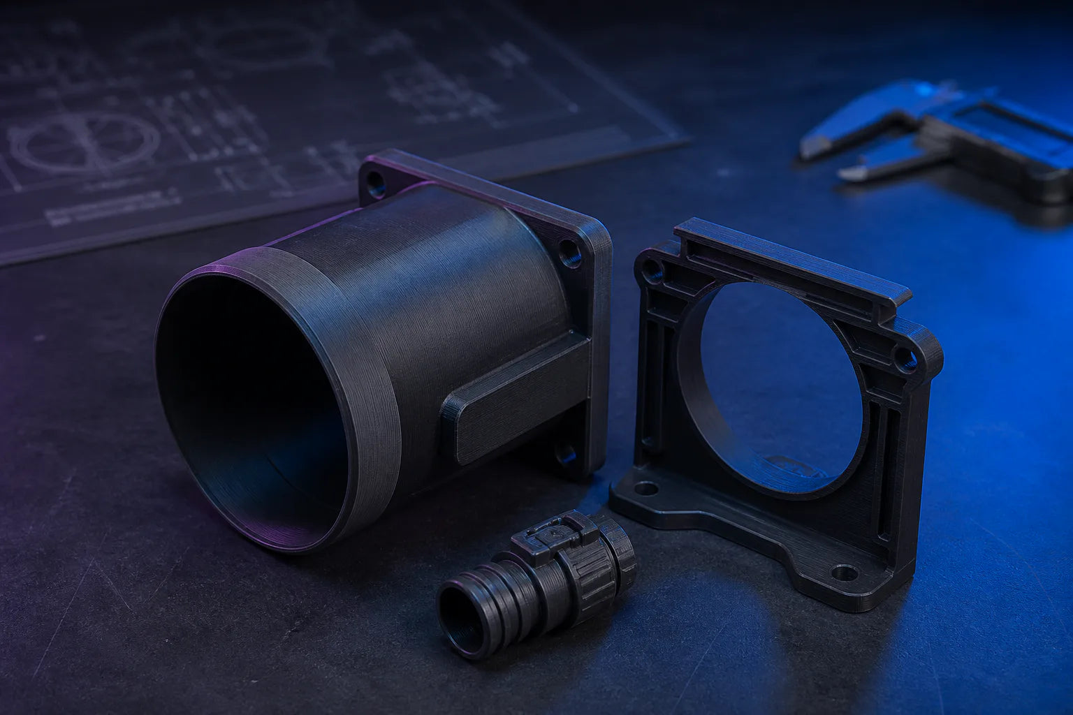 Practical 3D-printed replacement parts and adapters on a dark workbench