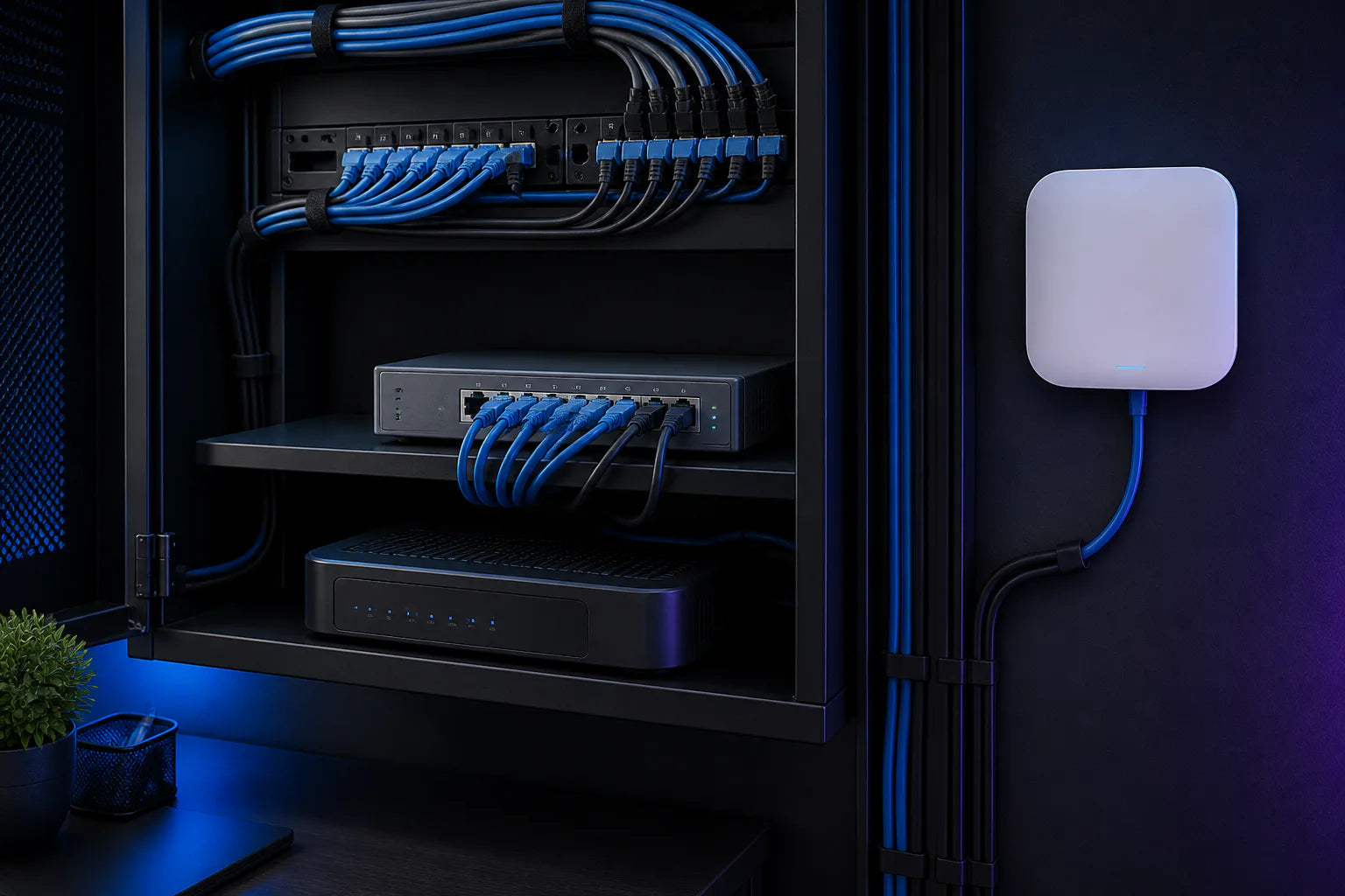 Organized small-business network equipment with clean cable management
