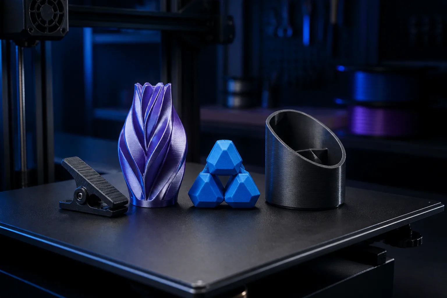 Freshly printed original products arranged on a 3D-printer build plate